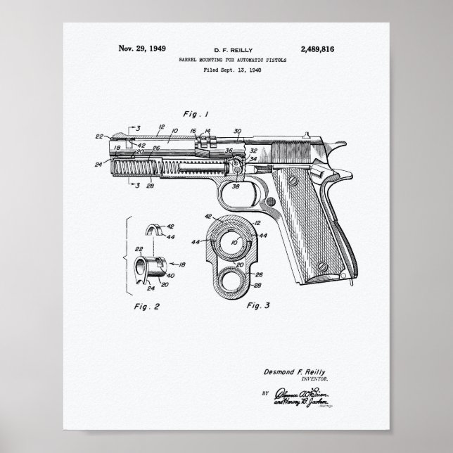 Automatic Pistols 1949 Patent Art White Paper Poster (Front)
