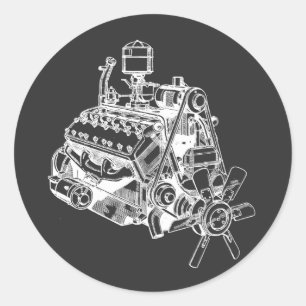 automobile car v 12 engine motor illustration art classic round sticker