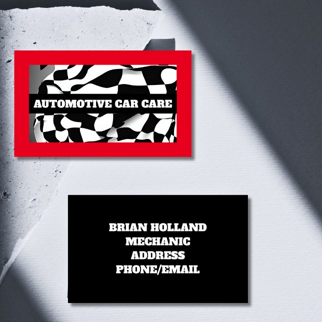 Automotive Car Mechanic Chequered Flag Red Business Card (Creator Uploaded)
