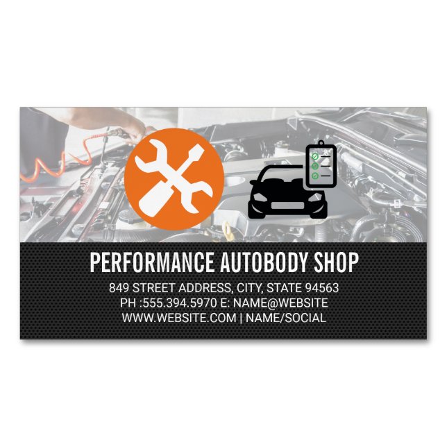 Automotive Icons | Mechanic Fixing Engine Magnetic Business Card (Front)