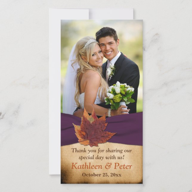 Autum Leaves Purple FAUX Ribbon Wedding Photo Card (Front)