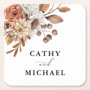Autum Rustic Floral, Fall Wedding Square Paper Coaster