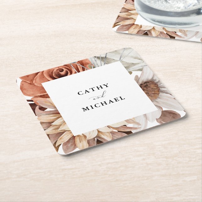 Autum Rustic Floral, Framed Fall Wedding Square Paper Coaster (Angled)