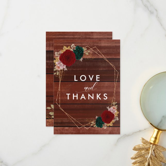 Autumanal Gold Burgundy Emarald Greeny Wedding Thank You Card (Front/Back In Situ)
