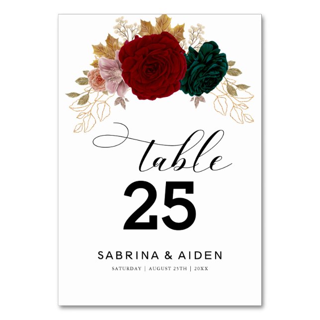 Autumanal Gold Burgundy Emerald Greeny Floral  Table Number (Front)