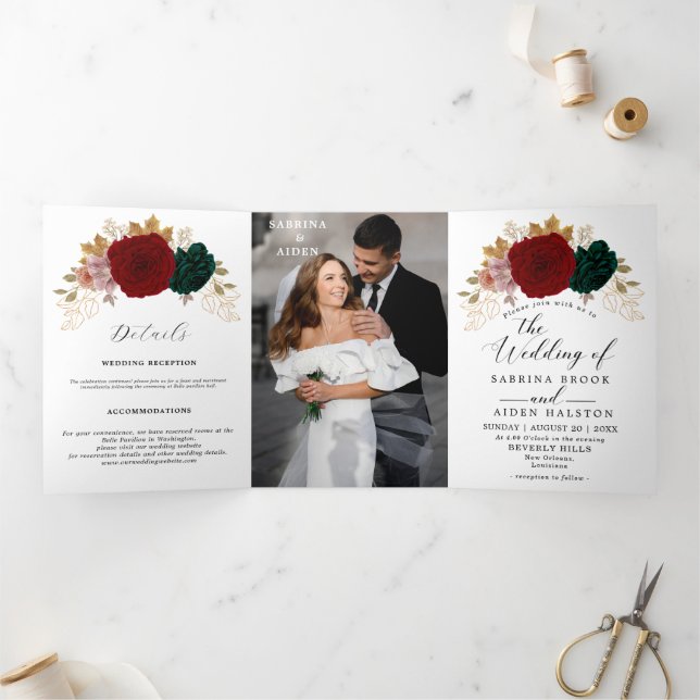 Autumanal Gold Burgundy Emerald Greeny Wedding Tri-Fold Announcement (Inside)