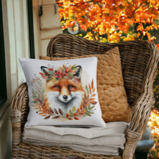 Autume Fall Themed Woodland Cute Fox Flower Wreath Cushion
