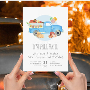 Autumn 1st Birthday Pumpkin Blue Truck Invitation