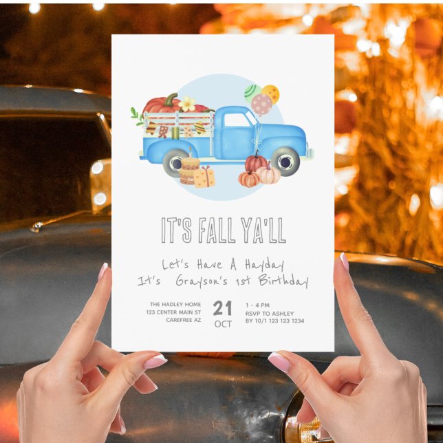 Autumn 1st Birthday Pumpkin Blue Truck Invitation (Creator Uploaded)
