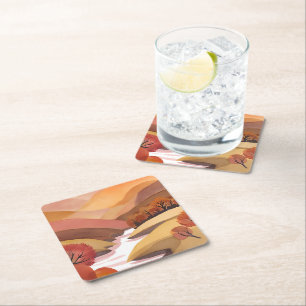 Autumn Abode Fall Foliage Watercolor Landscape Square Paper Coaster