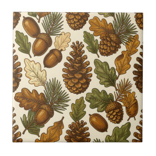Autumn Acorn Pinecone Oak Leaf Pattern Ceramic Tile