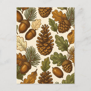 Autumn Acorn Pinecone Oak Leaf Pattern Postcard