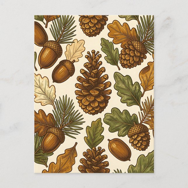 Autumn Acorn Pinecone Oak Leaf Pattern Postcard (Front)
