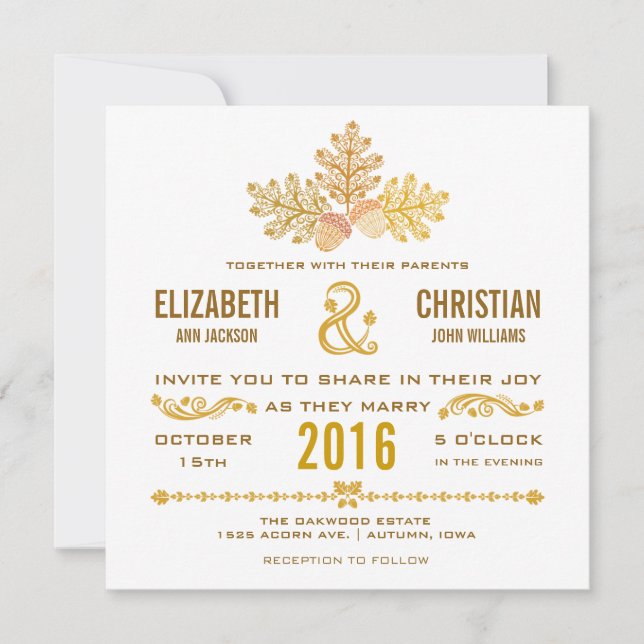 Autumn Acorns and Oak Leaves Wedding Invitation (Front)