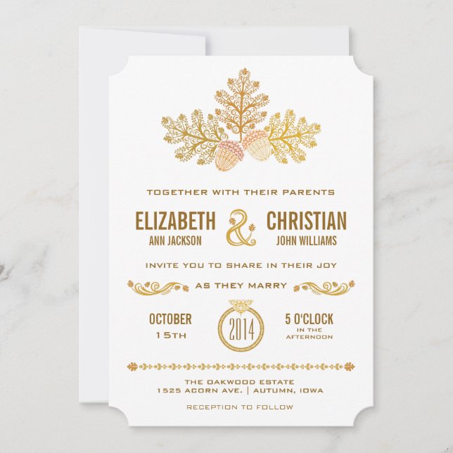 Autumn Acorns and Oak Leaves Wedding Invitation II (Front)