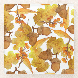 Autumn Acorns: Watercolor Thanksgiving Design Glass Coaster
