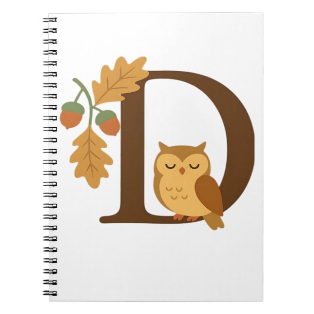 Autumn Alphabet Monogram Letter D – Owl with Oak L Notebook (Front)