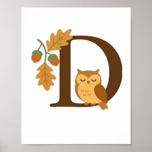 Autumn Alphabet Monogram Letter D – Owl with Oak L Poster
