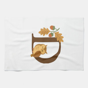 Autumn Alphabet Monogram Letter D � Owl with Oak L Tea Towel