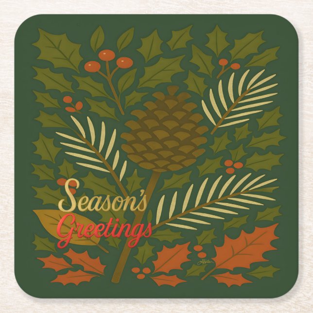 Autumn and Winter Holidays Season's Greetings Square Paper Coaster (Front)