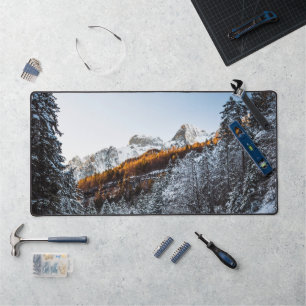 Autumn and winter river, forest and mountains desk mat