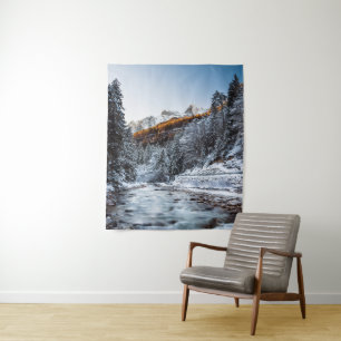 Autumn and winter river, forest and mountains tapestry