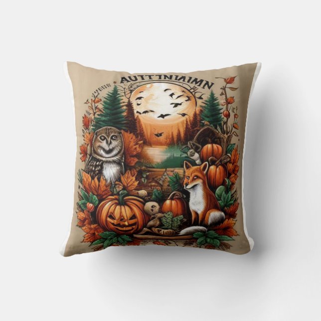 Autumn Animals and Pumpkins Cushion (Back)
