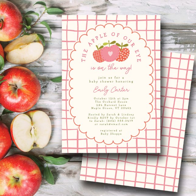 Autumn Apple of Our Eye Whimsical Cute Modern Pink Invitation (Creator Uploaded)