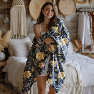 Autumn Art Nouveau Yellow Floral Vine Fleece Blanket