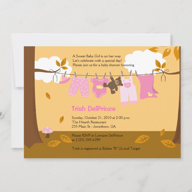 Autumn Baby Clothesline Pink Girl 5x7 Baby Shower Invitation (Front)