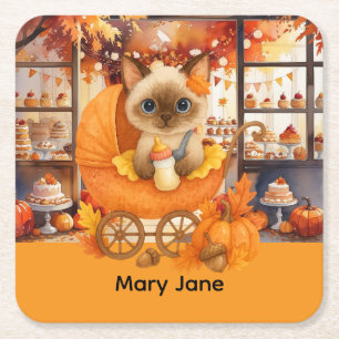 Autumn Baby Shower for Cat Lovers Square Paper Coaster