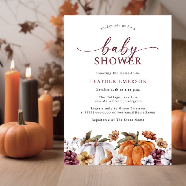 Autumn Baby Shower Invitation (Fall Burnt Orange Baby Shower Invitation Autumn White Pumpkins Watercolor Burgundy Florals)