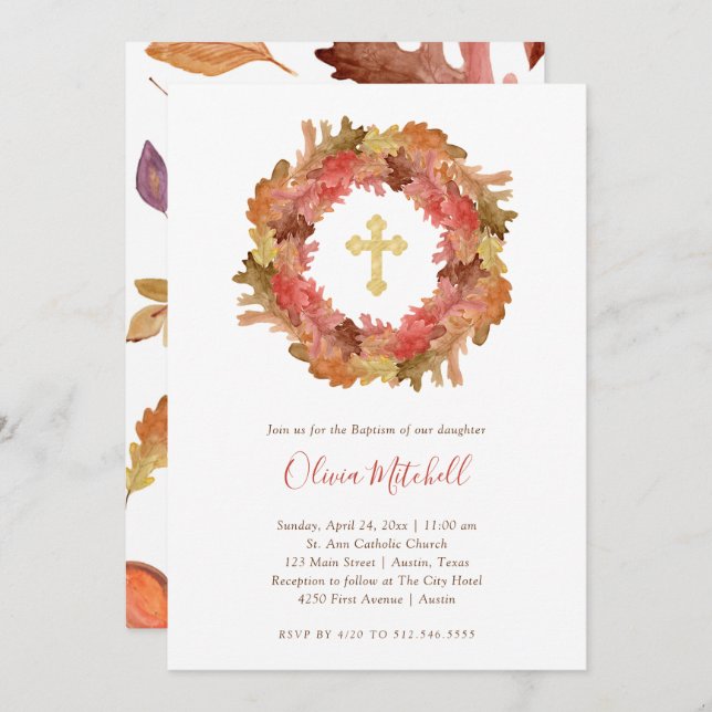 Autumn Baptism | Fall Leaves and Gold Cross Invitation (Front/Back)