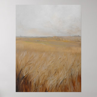 Autumn barley field painting, vintage art, poster