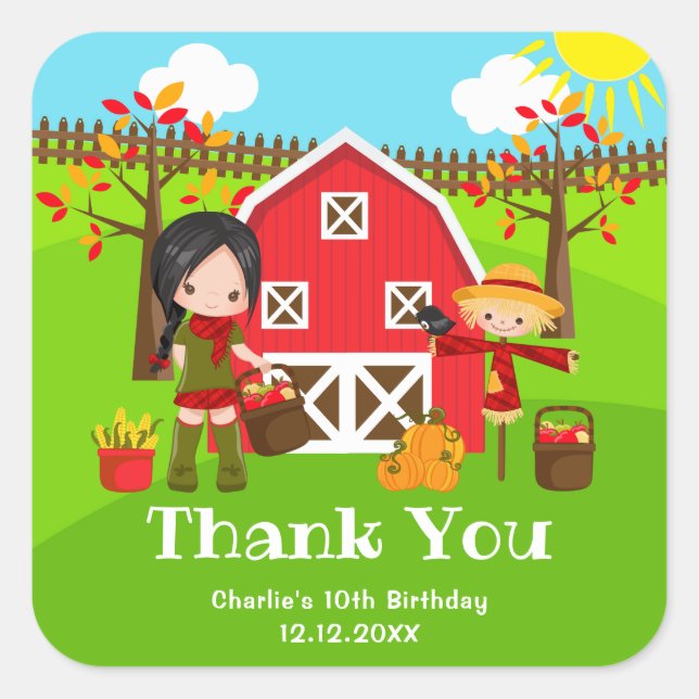 Autumn Barnyard Birthday Black Hair Girl Thank You Square Sticker (Front)