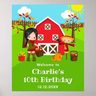 Autumn Barnyard Birthday Black Hair Girl Welcome Poster