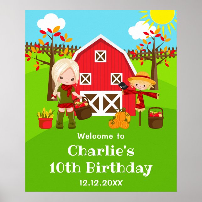 Autumn Barnyard Birthday Blonde Hair Girl Welcome Poster (Front)