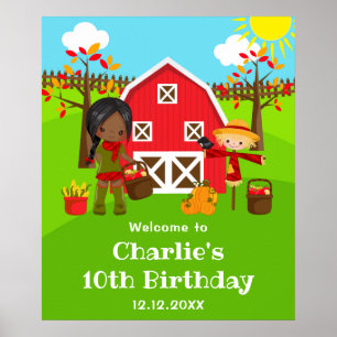 Autumn Barnyard Birthday Dark Skin Girl Welcome Poster