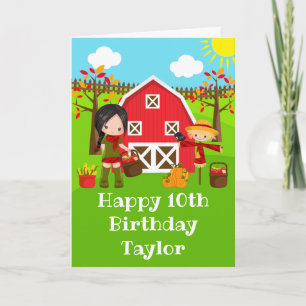 Autumn Barnyard Black Hair Girl Happy Birthday Card