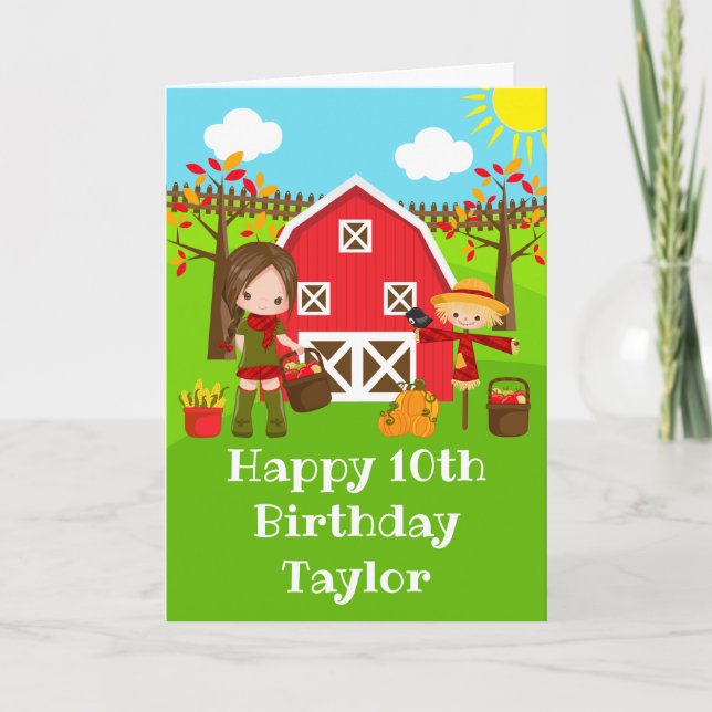 Autumn Barnyard Brown Hair Girl Happy Birthday  Card (Front)