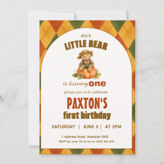 autumn Bear 1st Birthday Invitation Boy