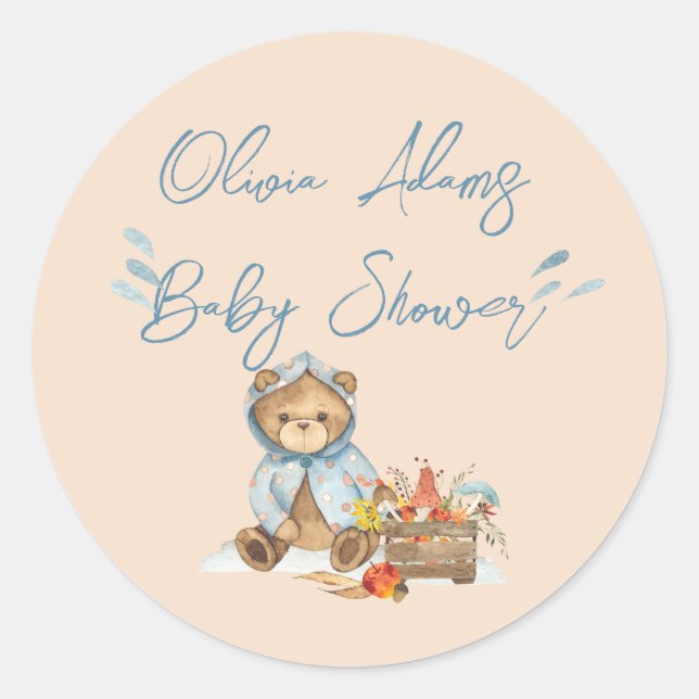 Autumn Bear Baby Shower invitation, Fall bear Invi Classic Round Sticker (Front)