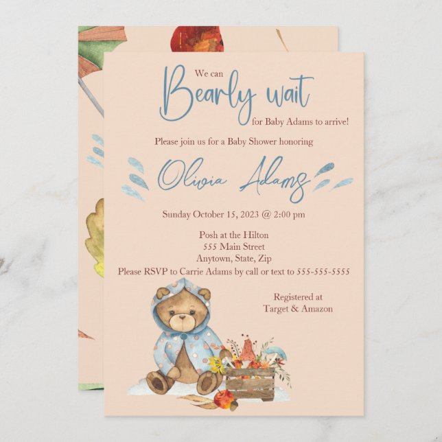 Autumn Bear Baby Shower invitation, Fall bear Invitation (Front/Back)