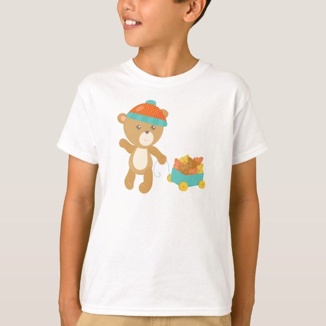 Autumn Bear, Cute Bear, Bear With Hat, Leaves T-Shirt (Front)