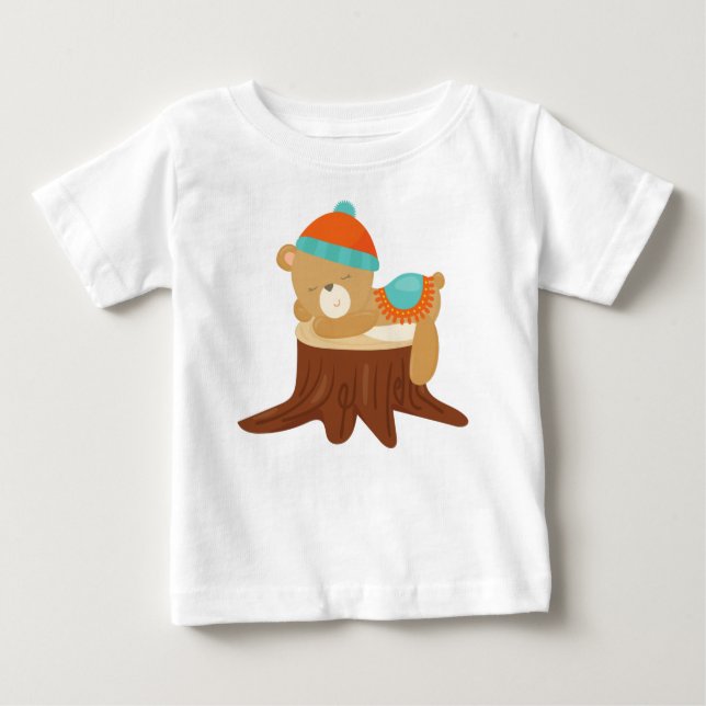 Autumn Bear, Sleeping Bear, Cute Bear, Tree Stump Baby T-Shirt (Front)
