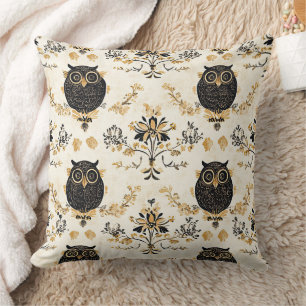 Autumn Beige Owl Botanical Forest Pattern Cushion