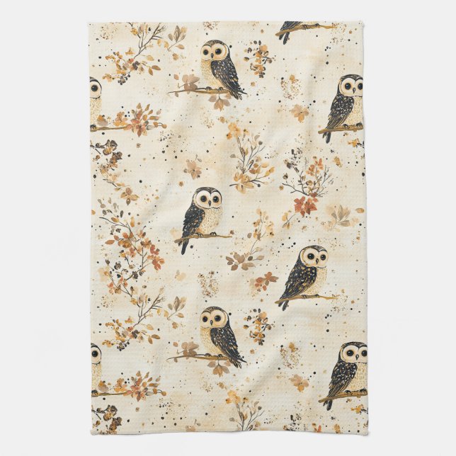 Autumn Beige Owl Botanical Forest Pattern Tea Towel (Vertical)