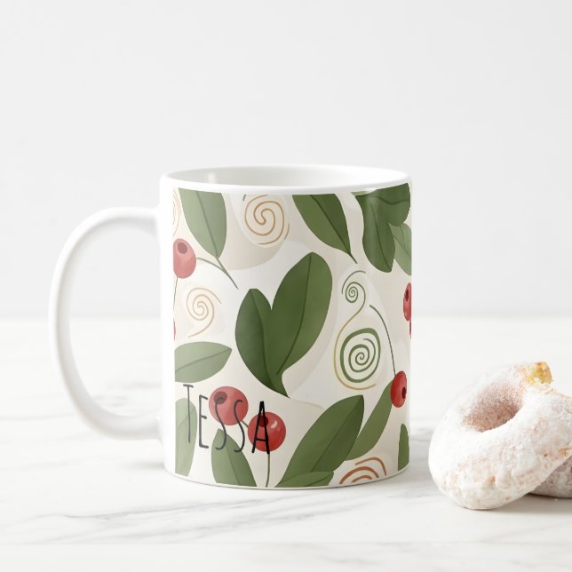Autumn Berries and Botanical Leaves Pattern Coffee Mug (With Donut)
