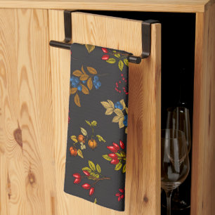 Autumn berries on chocolate brown 2 tea towel