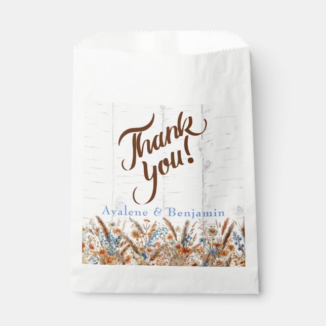 Autumn Birch Tree and Wildflowers Wedding Favour Bag (Front)